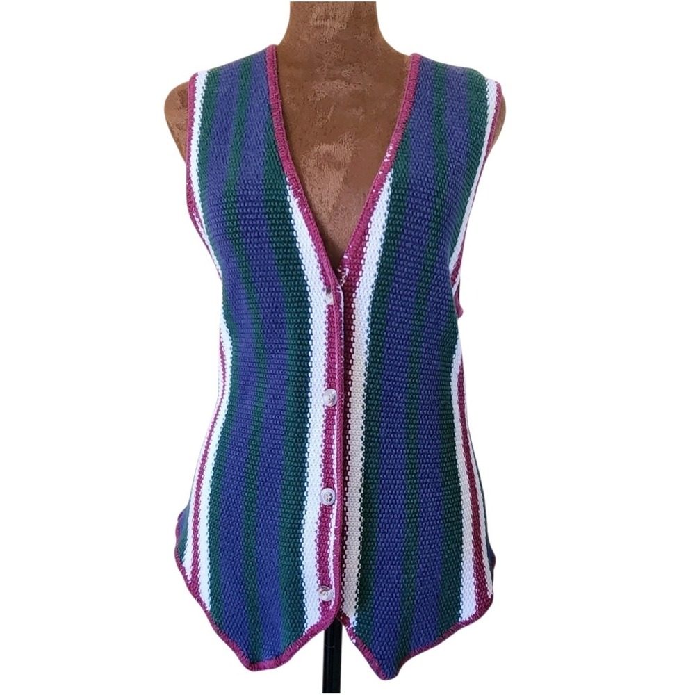 Vintage 90s Nuovo County Seat Knit‎ Vest Women's Size M Striped Preppy Academia